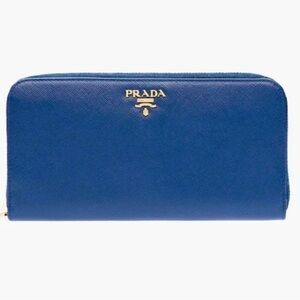 Prada Sapphire Saffiano Leather Zip‎ around Wallet